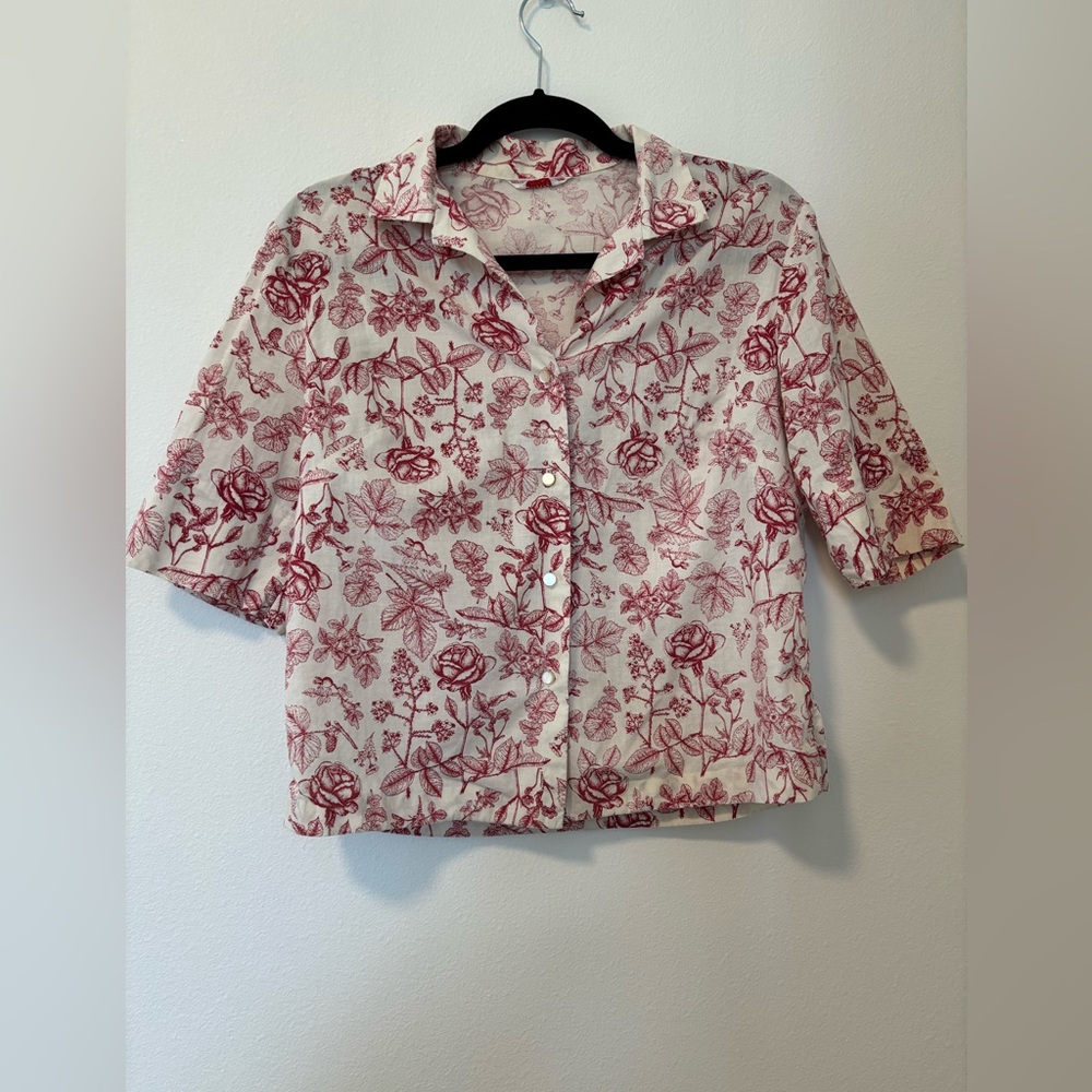 Vintage Floral 100% Cotton Print Button-Up Blouse - Red